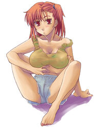  barefoot blue_(ao_maru) boxers breasts commentary_request feet female flexible huge_breasts male_underwear original red_eyes red_hair see-through sitting solo tank_top underwear 