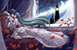  1boy aqua_eyes aqua_hair bare_back bed blue_eyes blue_hair canopy_bed cendrillon_(vocaloid) choker cinderella clock clock_tower commentary_request crescent_moon crying curtains dagger dress elbow_gloves falling_petals female flower french_kiss gloves hatsune_miku highres holding holding_dagger holding_knife holding_weapon imminent_death kaito_(vocaloid) kissing knife long_hair moon murder night night_sky on_bed open_clothes open_shirt pale_skin petals photoshop_(medium) red_flower red_rose rose rose_petals salovesy sky sparkle straight tearing_up tears tongue tower twintails very_long_hair vocaloid weapon white_dress white_gloves 