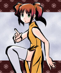  brown_hair china_dress chinese_clothes dress female fighting_stance green_eyes idolmaster idolmaster_(classic) idolmaster_1 leg_up photoshop_(medium) sleeveless solo takatsuki_yayoi thighhighs toshifumi twintails 