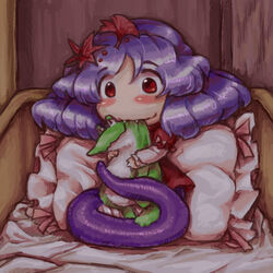  baby bad_id bad_pixiv_id buranantoka chibi fangs female frog hair_ornament lamia leaf leaf_hair_ornament monster_girl purple_hair red_eyes scales short_hair snake solo stuffed_animal stuffed_toy touhou yasaka_kanako 