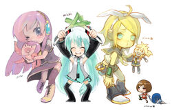  4girls aqua_hair character_doll chibi crop_top detached_sleeves guitar_(guitars) hatsune_miku headphones kagamine_len kagamine_rin kaito_(vocaloid) kima long_hair megurine_luka meiko_(vocaloid) michi_ta_(masquerade) multiple_girls necktie nikerabi one_eye_closed photoshop_(medium) spring_onion takoluka thighhighs twintails vocaloid 