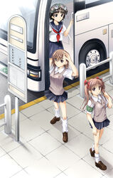  3girls armband ayano_naoto black_eyes black_hair bow brown_eyes brown_sweater_vest bus day emblem flower flower_wreath from_above green_armband hair_ornament hairbow head_wreath long_hair looking_up loose_socks medium_hair miniskirt misaka_mikoto motor_vehicle multiple_girls outdoors pleated_skirt sakugawa_school_uniform school_emblem school_uniform serafuku shirai_kuroko shoes short_hair skirt smile socks standing summer_uniform sweater sweater_vest toaru_kagaku_no_railgun toaru_majutsu_no_index tokiwadai_school_uniform twintails uiharu_kazari 