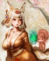  2girls ? animal_ears bow_(bhp) breasts chibi cleavage collarbone commentary_request folded_ponytail fox_ears fox_tail hitodama izuna_jinkuro japanese_clothes kimono kongiku large_breasts leaf leaf_on_head lips looking_back momohime multiple_girls oboro_muramasa orange_eyes tail white_hair 