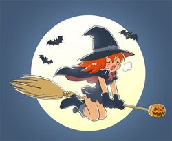  bat_(animal) blush broom broom_riding commentary_request female full_moon hat jack-o&#039;-lantern kabiinyo_(kab) moon original panties pantyshot pumpkin red_hair sexually_suggestive simple_background solo underwear witch witch_hat 