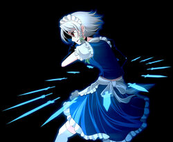  braid commentary danmaku der_junge female grey_hair izayoi_sakuya knife maid red_eyes short_hair solo thighhighs touhou twin_braids 