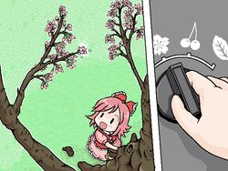  :d blush bow cherry cherry_blossoms commentary_request copyright_request female food frilled_bow frills fruit hairbow mechanical_parts no_nose oekaki open_mouth pink_hair red_bow red_hair shitaiya smile tree |_| 