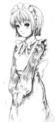  apron bob_cut bow bowtie female graphite_(medium) greyscale katzeh light_smile long_sleeves maid maid_headdress monochrome photoshop_(medium) puffy_long_sleeves puffy_sleeves shirley_(manga) shirley_medison short_hair sketch solo traditional_media v_arms 