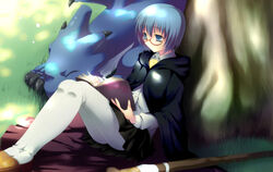  blue_eyes blue_hair book cloak dragon female glasses grass pantyhose photoshop_(medium) reading short_hair solo spoilers staff sylpheed tabitha_(zero_no_tsukaima) toranosuke white_pantyhose zero_no_tsukaima 