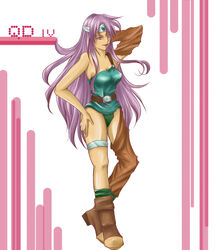  asymmetrical_clothes blue_leotard boots circlet commentary_request cosplay detached_sleeves dragon_quest dragon_quest_iv female gem green_gemstone hatori_naruyoshi heroine_(dq4) heroine_(dq4)_(cosplay) leotard long_hair manya_(dq4) purple_eyes purple_hair single_thighhigh solo thighhighs 