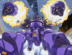  colony_interior commentary_request explosion gundam gundam_0080 kampfer_(mobile_suit) mecha no_humans o&#039;neill_cylinder o/p.com robot rocket_punch smoke solo 