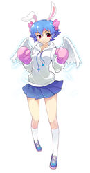  animal_ears armcho bad_id blue_hair boxing_gloves bunny_(trickster) female full_body hair_ornament headband hood hoodie kneehighs lina_(trickster) miniskirt photoshop_(medium) pleated_skirt rabbit_ears red_eyes shoes short_hair skirt smile socks solo standing sweater trickster_(ntreev_soft) wings 