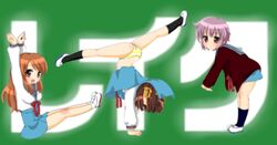  3girls amemori_keron asahina_mikuru ass bad_id bad_pixiv_id blue_sailor_collar blue_skirt cardigan kita_high_school_uniform lake_angel letter_pose multiple_girls nagato_yuki panties parody sailor_collar school_uniform serafuku skirt striped_clothes striped_panties suzumiya_haruhi suzumiya_haruhi_no_yuuutsu underwear winter_uniform 