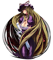  arugeri blonde_hair breasts choker cleavage commentary_request dress elbow_gloves female gap_(touhou) gloves hat horror_(theme) large_breasts long_hair photoshop_(medium) purple_dress purple_eyes ribbon_choker solo touhou very_long_hair yakumo_yukari 