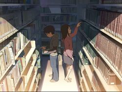  1boy anime_screenshot back-to-back book bookshelf brown_hair byousoku_5_centimeter female hood hoodie imageboard_desourced jpeg_artifacts library long_hair non-web_source shade shadow shelf shinohara_akari skirt toono_takaki 