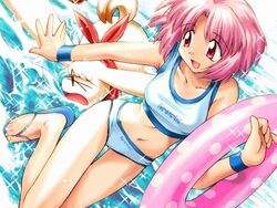  &gt;_&lt; :d bikini blush bob_cut canine closed_eyes cyarott_(kaerunyo_panyon) dutch_angle feet female game_cg innertube kaerunyo_panyon karen_(artist) leg_up legs navel open_mouth panyon_(kaerunyo_panyon) pink_eyes pink_hair polka_dot sandals scarf short_hair smile solo sparkle splashing sports_bikini standing swim_ring swimsuit tankini thigh_gap tripping water wristband 