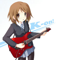  brown_hair commentary_request electric_guitar female guitar hirasawa_yui ibanez instrument k-on! pantyhose photoshop_(medium) safi sakuragaoka_high_school_uniform school_uniform solo winter_uniform 