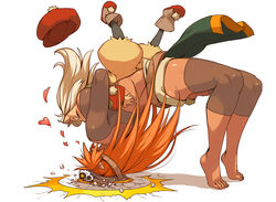  2girls azusa_(hws) barefoot brown_hair commentary_request dark-skinned_female dark_skin elfriede_bernstein failure feet german_suplex hat heart horns hug leg_warmers long_hair multiple_girls oni parody pirate pirate_hat pixiv_fantasia pixiv_fantasia_3 race_(pixiv_fantasia) self-suplex simple_background suplex white_background you&#039;re_doing_it_wrong 