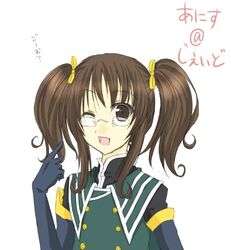  anise_tatlin artist_request brown_eyes brown_hair cosplay female glasses jade_curtiss jade_curtiss_(cosplay) one_eye_closed short_twintails solo tales_of_(series) tales_of_the_abyss twintails 