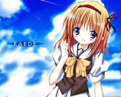  2000s_(style) :d blue_eyes blue_sky blush bow bowtie brown_vest buttons character_name cloud cutlass_(classic_chocolate) female fuyou_kaede hairband hand_up looking_at_viewer medium_hair national_verbena_academy_school_uniform open_mouth orange_hair puffy_short_sleeves puffy_sleeves red_hairband red_ribbon ribbon school_uniform shirt short_sleeves shuffle! skirt sky smile solo vest white_shirt white_skirt yellow_bow yellow_bowtie 