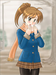  blush brown_eyes brown_hair female lielos open_mouth original pantyhose poniko_(lielos) ponytail scarf solo 