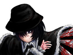  black_hair blood cloak commentary_request female franken_fran hat madaraki_veronica md5_mismatch ouhaku purple_eyes resolution_mismatch solo source_larger stitches 