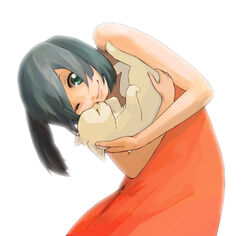  bad_id bad_pixiv_id black_hair dress feline female green_eyes green_hair guitar_(guitars) hands happy hug lips original photoshop_(medium) short_hair smile solo 