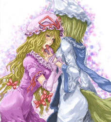  2girls blonde_hair blush hat katzeh licking licking_finger multiple_girls photoshop_(medium) ribbon sweat tail tongue touhou yakumo_ran yakumo_yukari 