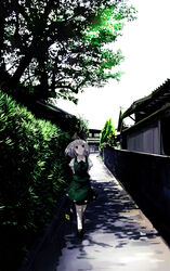  arms_behind_back black_eyes brown_footwear building bush dappled_sunlight female flower green_skirt green_vest grey_hair hairband konpaku_youmu looking_at_viewer nature no_legwear path road sheath shoes short_hair skirt smile solo stone_wall sunlight takanashi_akihito touhou tree tree_shade vanishing_point vest wall wind 