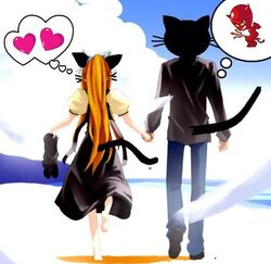  1boy air_(visual_novel) animal_ears barefoot cat_ears cat_tail demon denim dress feathers feline female heart holding_hands jeans kamio_misuzu long_hair misuzu pants shoes short_sleeves tail third-party_edit thought_bubble unworn_shoes walking 