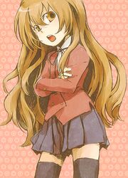  aisaka_taiga bad_id bad_pixiv_id blonde_hair brown_eyes brown_hair crossed_arms female long_hair miniskirt oohashi_high_school_uniform pleated_skirt school_uniform skirt solo tame thighhighs toradora! very_long_hair zettai_ryouiki 