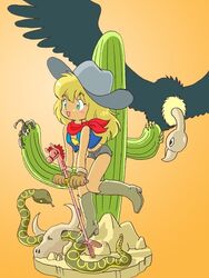  bandana bird blonde_hair boots cactus commentary_request cowboy_hat cowboy_western desert faux_figurine female freckles green_eyes hat kabiinyo_(kab) midriff original pogo_stick saguaro scorpion short_shorts shorts skull snake solo vulture 