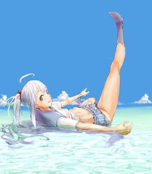  aguhari ahoge bad_id bad_pixiv_id barefoot day feet female hair_ornament hands leg_up looking_back lying midriff miniskirt navel ocean on_back original outdoors partially_submerged pleated_skirt ponytail school_uniform skirt sky smile socks solo water white_hair 