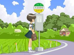  bag blue_neckerchief blue_sailor_collar blue_skirt brown_hair building bus_stop cloud cloudy_sky commentary_request day female from_side full_body grass kabiinyo_(kab) lolicon neckerchief original outdoors pleated_skirt road_sign rural sailor_collar sailor_shirt school_bag school_uniform serafuku shirt shoes short_hair short_sleeves sign skirt sky socks solo standing torii waiting white_footwear white_shirt white_socks 