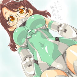  :o ^^^ bad_id bad_pixiv_id blush breasts bright_feather_(busou_shinki) brown_hair busou_shinki covered_navel cowboy_shot crotch dd_(ijigendd) doll_joints dutch_angle elbow_gloves female from_below glasses gloves green_leotard hair_ornament hat joints large_breasts leotard long_hair looking_at_viewer looking_down open_mouth orange_eyes rimless_eyewear solo thighhighs translated 