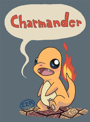  ambiguous_gender charmander dialogue english_text fire generation_1_pokemon grey_background izaart nintendo open_mouth pokemon pokemon_(species) pokemon_speak robert_iza scalie simple_background solo text 