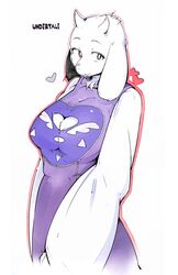  animal_ears body_fur breasts brown_eyes cleavage cleavage_cutout clothing_cutout copyright_name female furry furry_female goat_ears goat_girl heart heart_cutout highres horns large_breasts looking_at_viewer oerba_yun_fang sindoll snout solo toriel undertale 