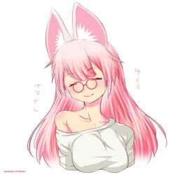  ^_^ animal_ears closed_eyes closed_mouth collarbone commentary_request facing_viewer female glasses hentatsu long_hair mudou_eichi neko_(hentatsu) off_shoulder pink_hair shirt simple_background single_bare_shoulder smile solo translation_request upper_body white_background white_shirt 