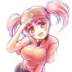  bad_id bad_pixiv_id blush breasts brown_hair clothes_writing employee_uniform fast_food_uniform female hataraku_maou-sama! ina_(urobronai) large_breasts open_mouth photoshop_(medium) polo_shirt sasaki_chiho shirt smile solo taut_clothes taut_shirt twintails uniform visor_cap 