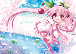  boots cherry commentary_request detached_sleeves female food fruit hatsune_miku headset leaning_forward lily_pad long_hair looking_at_viewer musical_note necktie open_mouth petals pink_eyes pink_footwear pink_hair sakura_miku skirt solo thighhighs tougo twintails very_long_hair vocaloid wading 