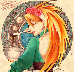  afro baking blouse bow bowl capcom chocolate choker cooking cupcake earrings gyakuten_kenji gyakuten_saiban gyakuten_saiban headband jewelry lipstick makeup nail_polish orange_eyes orange_hair oyashiki_tsukasa pastry spiked_hair traditional_media watercolor_(medium) whisk white_hair 