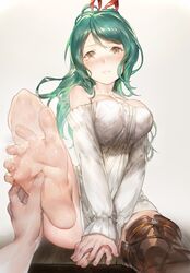  aos bare_shoulders barefoot blush boots breasts collarbone commentary_request dress feet female granblue_fantasy green_hair herja large_breasts out_of_frame ponytail pov pov_hands ribbon shoes single_boot single_shoe single_thighhigh soles solo_focus spread_toes sweat sweater sweater_dress tearing_up thigh_boots thighhighs toes yellow_eyes 