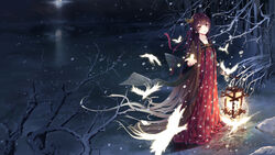  animal bird dress long_hair magic night original snow tiara tree wait yellow_eyes 