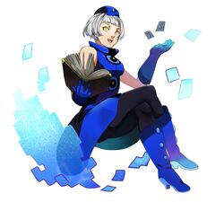  bad_id bad_pixiv_id bare_shoulders boots card crossed_legs dress elizabeth_(persona) female gloves hat jerun pantyhose persona persona_3 short_hair sitting sleeveless sleeveless_dress smile solo white_hair yellow_eyes 