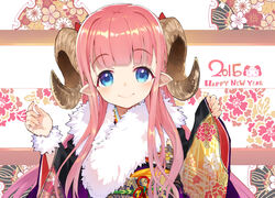  blue_eyes horns japanese_clothes long_hair original pink_hair pointed_ears sheepgirl shirabi_(life-is-free) 