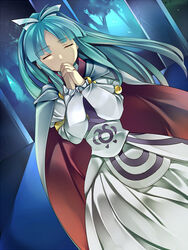  aqua_hair bad_id bad_pixiv_id cape closed_mouth dress female golden_sun hair_ribbon higeka interlocked_fingers long_hair long_sleeves mia_(golden_sun) own_hands_clasped own_hands_together ponytail ribbon solo tree white_cape white_dress white_ribbon wide_ponytail 