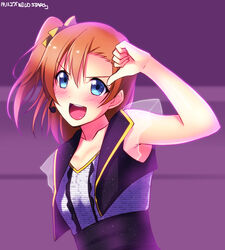  :d blush collarbone commentary_request dated female headset highres kosaka_honoka love_live! love_live!_school_idol_project nitta_emi one_side_up open_mouth orange_hair photoshop_(medium) see-through short_hair smile solo song_name upper_body voice_actor_connection wild_stars yu-ta 