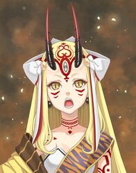  blonde_hair commentary_request earrings facial_mark fangs fate/grand_order fate_(series) female highres horns ibaraki_douji_(fate) japanese_clothes jewelry kimono long_hair oni oni_horns shinno solo tattoo yellow_eyes yellow_kimono 