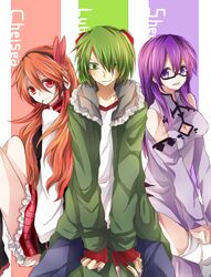  1boy 2girls akame_ga_kill! bad_id bad_pixiv_id bare_shoulders black_legwear blush breasts character_name chelsea_(akame_ga_kill!) cleavage cleavage_cutout clothing_cutout detached_sleeves dress fingerless_gloves girl_sandwich glasses gloves goggles goggles_on_head green_eyes green_hair hair_ornament headphones kneehighs large_breasts long_dress long_hair long_sleeves lubbock mouth_hold multiple_girls negi_(ngng_9) orange_hair plaid plaid_skirt purple_eyes purple_hair red_eyes sandwiched semi-rimless_eyewear sheele short_hair side_slit sitting skirt smile socks sweat sweatdrop thighhighs under-rim_eyewear white_legwear 