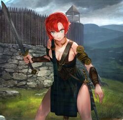  alternate_costume aos armband armlet armor armored_dress belt blue_eyes boudica_(civilization) boudica_(civilization)_(cosplay) boudica_(fate) breasts celtic celtic_knot civilization_(series) civilization_v cleavage cloud cloudy_sky commentary_request corset cosplay cowboy_shot day defensive_wall fate/grand_order fate_(series) female folded_ponytail fortress grass hair_between_eyes hill holding holding_sword holding_weapon jewelry landscape large_breasts looking_at_viewer multiple_swords name_connection neck_ring open_mouth outdoors palisade red_hair serious sheath sheathed short_hair sky solo stone_wall strap sword thighs vambraces wall war_paint watchtower weapon 