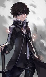  1boy artist_name bad_id bad_pixiv_id black_eyes black_hair fingerless_gloves gloves holding holding_sword holding_weapon kirito kirito_(sao-alo) long_sword_(sao) male_focus photoshop_(medium) pointy_ears swd3e2 sword sword_art_online weapon 